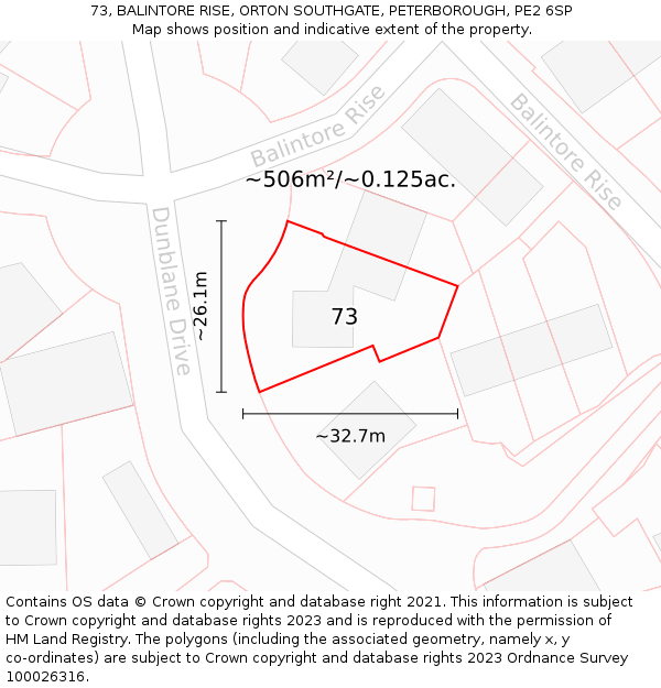 73, BALINTORE RISE, ORTON SOUTHGATE, PETERBOROUGH, PE2 6SP: Plot and title map