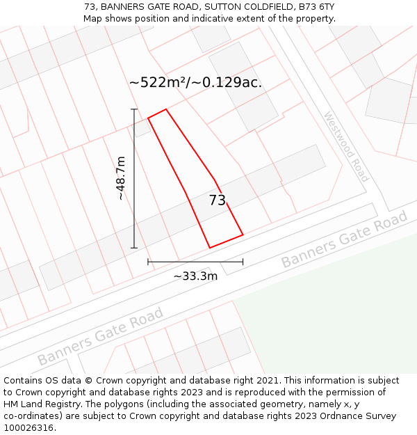 73, BANNERS GATE ROAD, SUTTON COLDFIELD, B73 6TY: Plot and title map