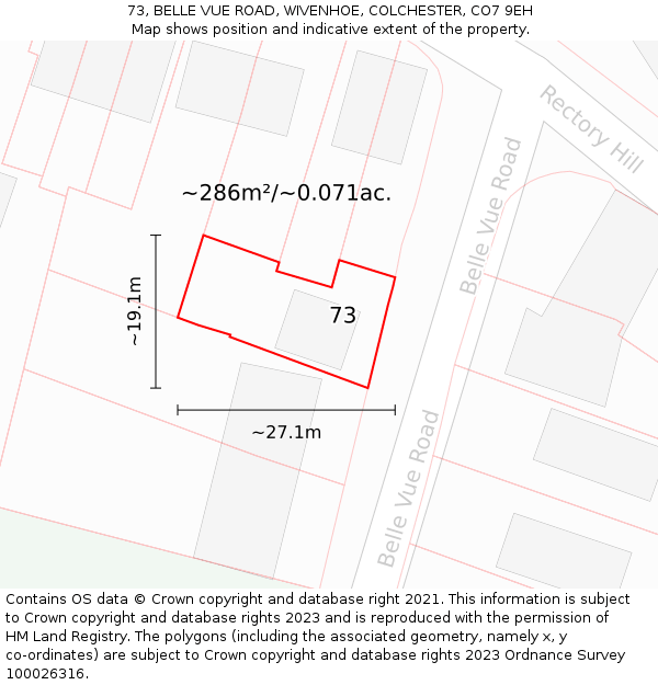 73, BELLE VUE ROAD, WIVENHOE, COLCHESTER, CO7 9EH: Plot and title map