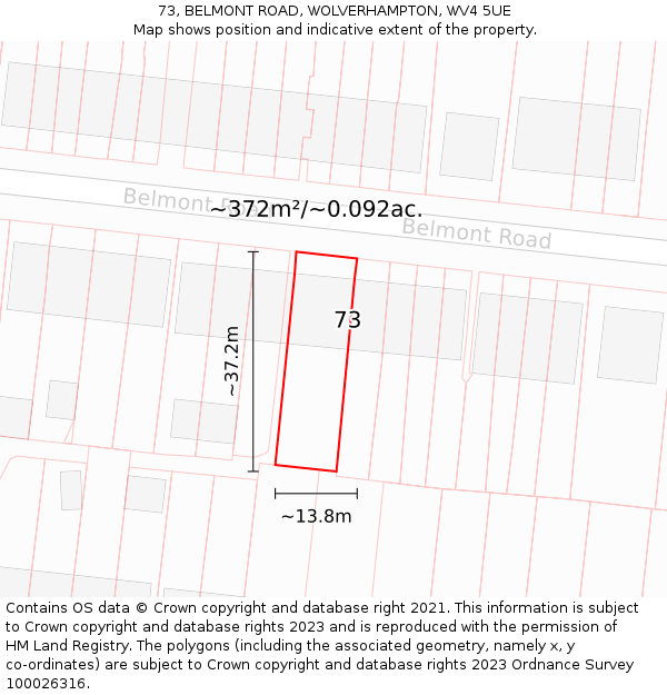73, BELMONT ROAD, WOLVERHAMPTON, WV4 5UE: Plot and title map