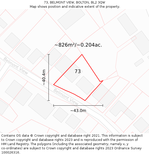 73, BELMONT VIEW, BOLTON, BL2 3QW: Plot and title map