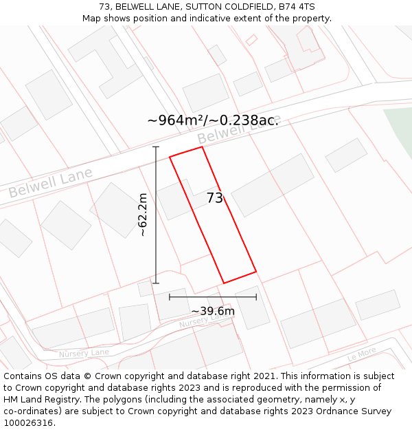 73, BELWELL LANE, SUTTON COLDFIELD, B74 4TS: Plot and title map