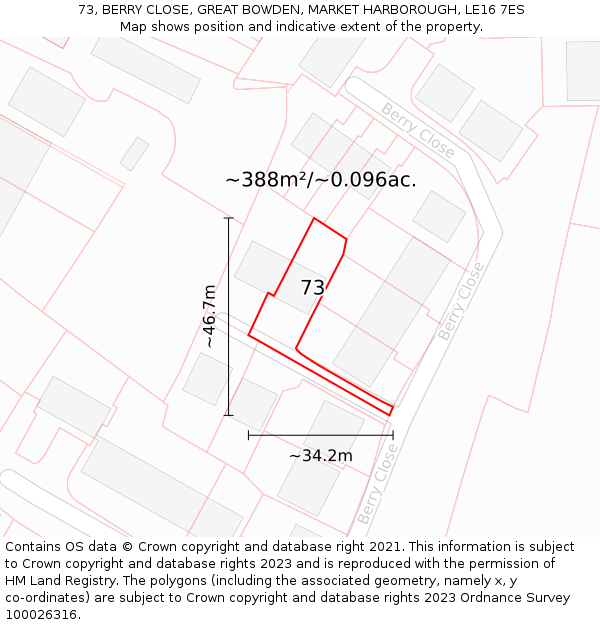 73, BERRY CLOSE, GREAT BOWDEN, MARKET HARBOROUGH, LE16 7ES: Plot and title map