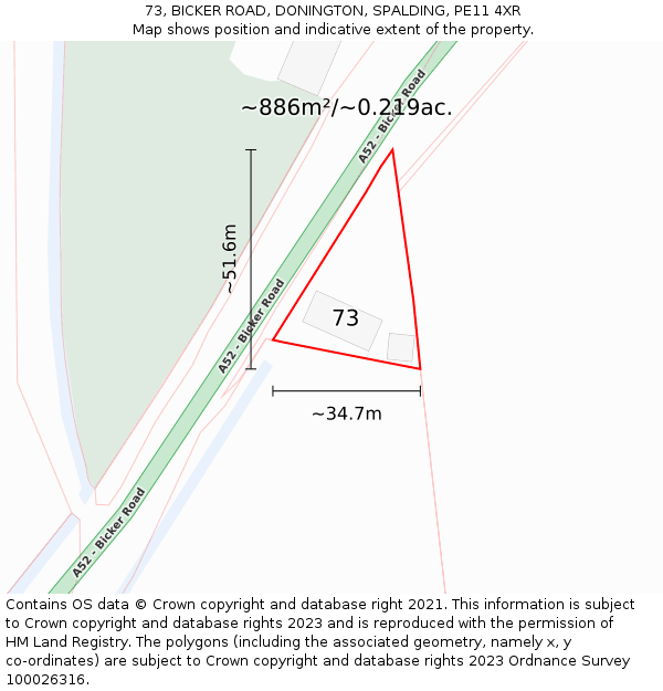73, BICKER ROAD, DONINGTON, SPALDING, PE11 4XR: Plot and title map