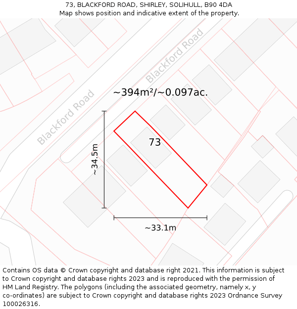 73, BLACKFORD ROAD, SHIRLEY, SOLIHULL, B90 4DA: Plot and title map