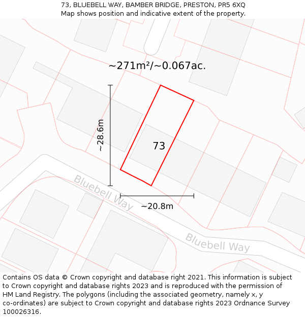 73, BLUEBELL WAY, BAMBER BRIDGE, PRESTON, PR5 6XQ: Plot and title map