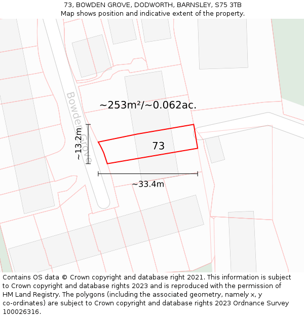73, BOWDEN GROVE, DODWORTH, BARNSLEY, S75 3TB: Plot and title map