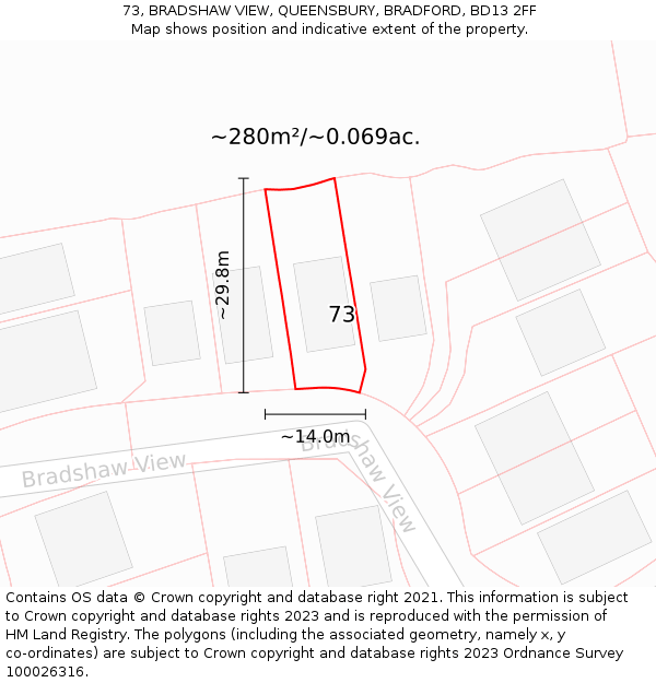 73, BRADSHAW VIEW, QUEENSBURY, BRADFORD, BD13 2FF: Plot and title map