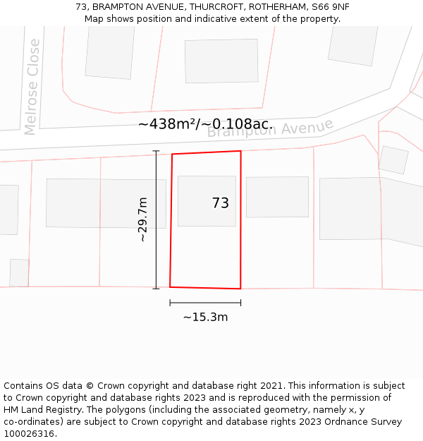 73, BRAMPTON AVENUE, THURCROFT, ROTHERHAM, S66 9NF: Plot and title map
