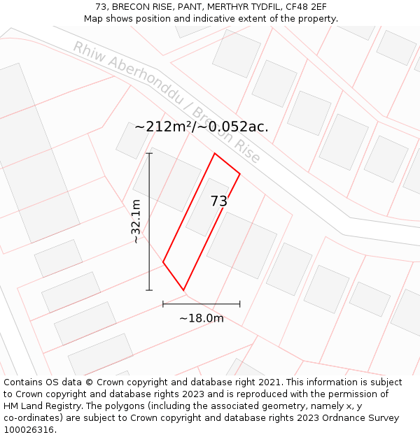 73, BRECON RISE, PANT, MERTHYR TYDFIL, CF48 2EF: Plot and title map