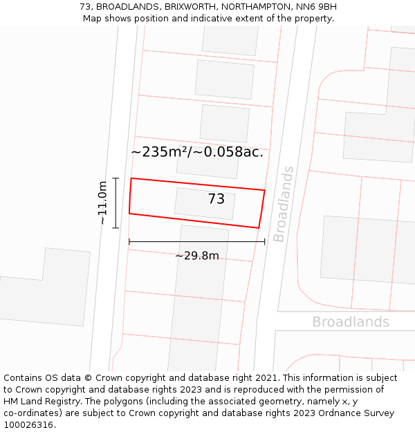 73, BROADLANDS, BRIXWORTH, NORTHAMPTON, NN6 9BH: Plot and title map