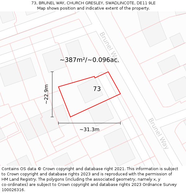 73, BRUNEL WAY, CHURCH GRESLEY, SWADLINCOTE, DE11 9LE: Plot and title map