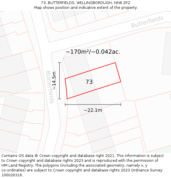 73, BUTTERFIELDS, WELLINGBOROUGH, NN8 2PZ: Plot and title map