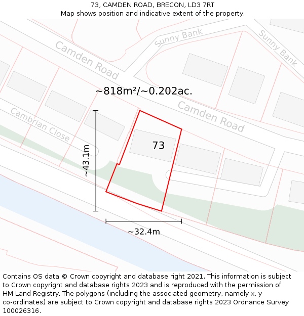 73, CAMDEN ROAD, BRECON, LD3 7RT: Plot and title map