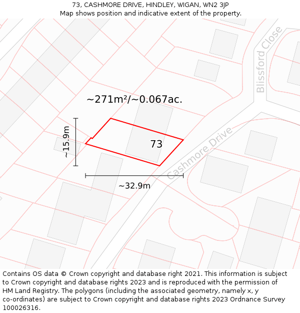 73, CASHMORE DRIVE, HINDLEY, WIGAN, WN2 3JP: Plot and title map