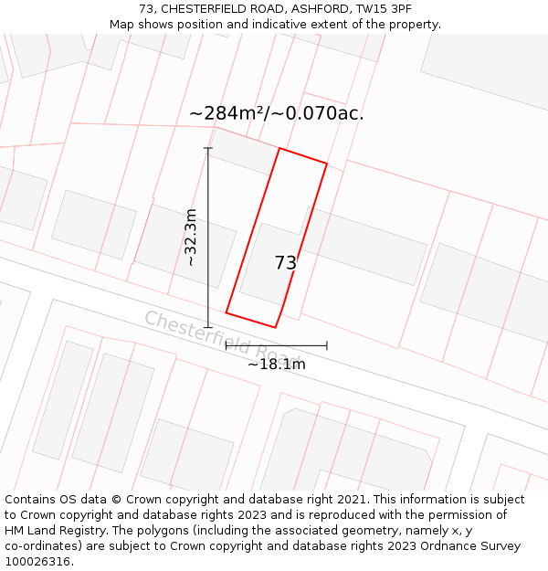 73, CHESTERFIELD ROAD, ASHFORD, TW15 3PF: Plot and title map