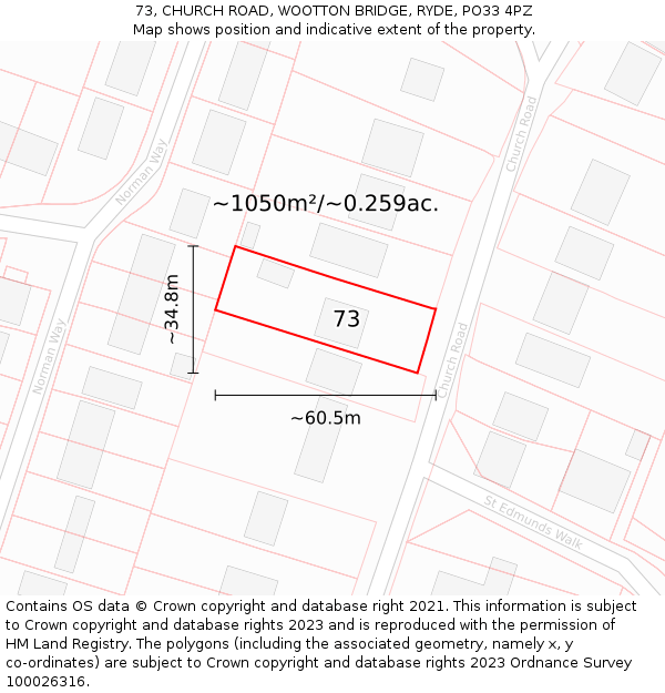 73, CHURCH ROAD, WOOTTON BRIDGE, RYDE, PO33 4PZ: Plot and title map