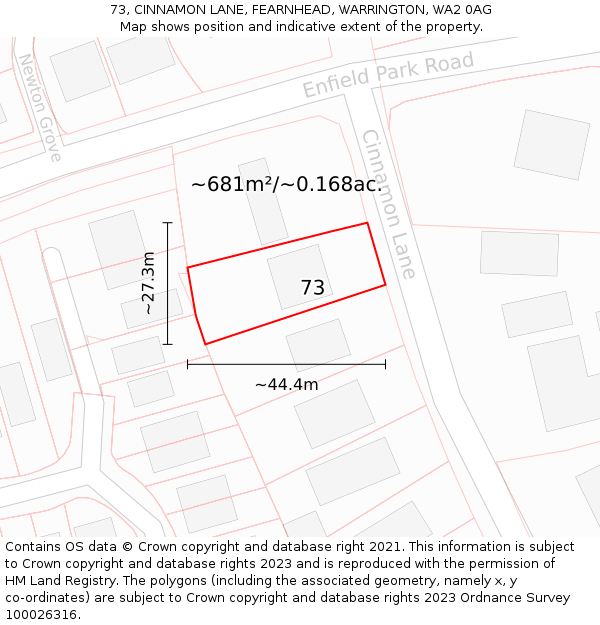73, CINNAMON LANE, FEARNHEAD, WARRINGTON, WA2 0AG: Plot and title map