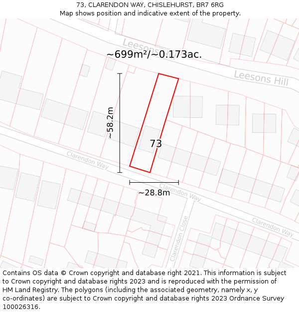 73, CLARENDON WAY, CHISLEHURST, BR7 6RG: Plot and title map