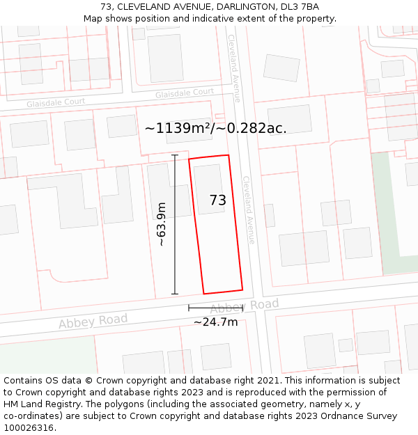 73, CLEVELAND AVENUE, DARLINGTON, DL3 7BA: Plot and title map