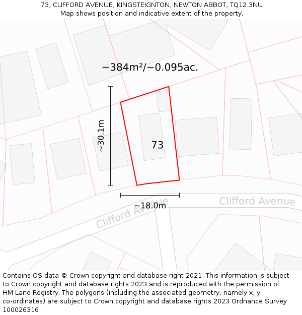 73, CLIFFORD AVENUE, KINGSTEIGNTON, NEWTON ABBOT, TQ12 3NU: Plot and title map