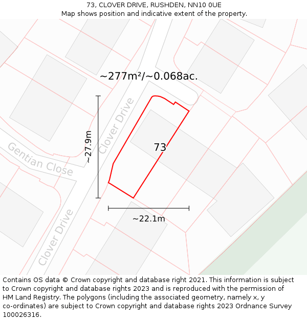 73, CLOVER DRIVE, RUSHDEN, NN10 0UE: Plot and title map