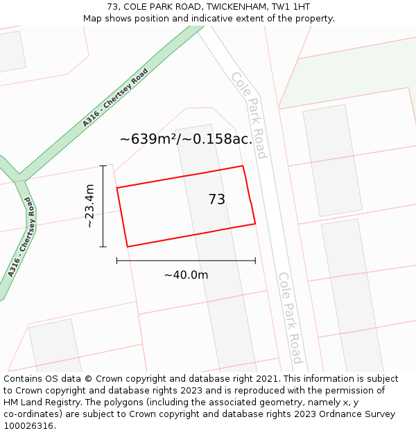 73, COLE PARK ROAD, TWICKENHAM, TW1 1HT: Plot and title map