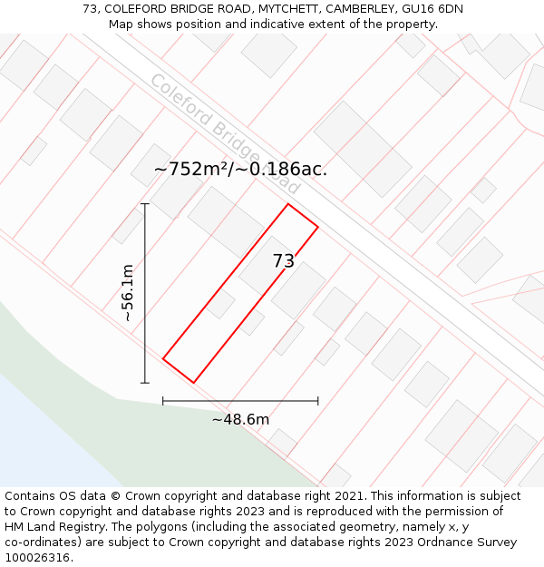73, COLEFORD BRIDGE ROAD, MYTCHETT, CAMBERLEY, GU16 6DN: Plot and title map