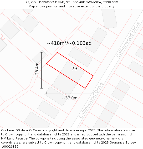 73, COLLINSWOOD DRIVE, ST LEONARDS-ON-SEA, TN38 0NX: Plot and title map