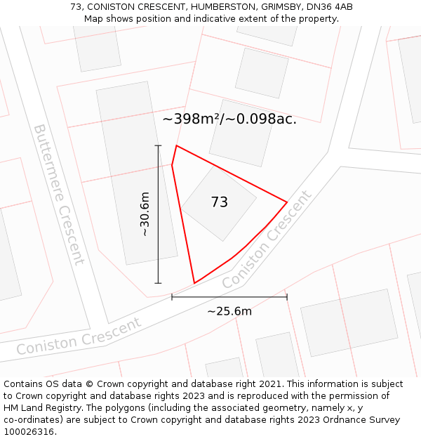 73, CONISTON CRESCENT, HUMBERSTON, GRIMSBY, DN36 4AB: Plot and title map