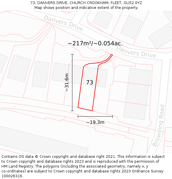 73, DANVERS DRIVE, CHURCH CROOKHAM, FLEET, GU52 0YZ: Plot and title map