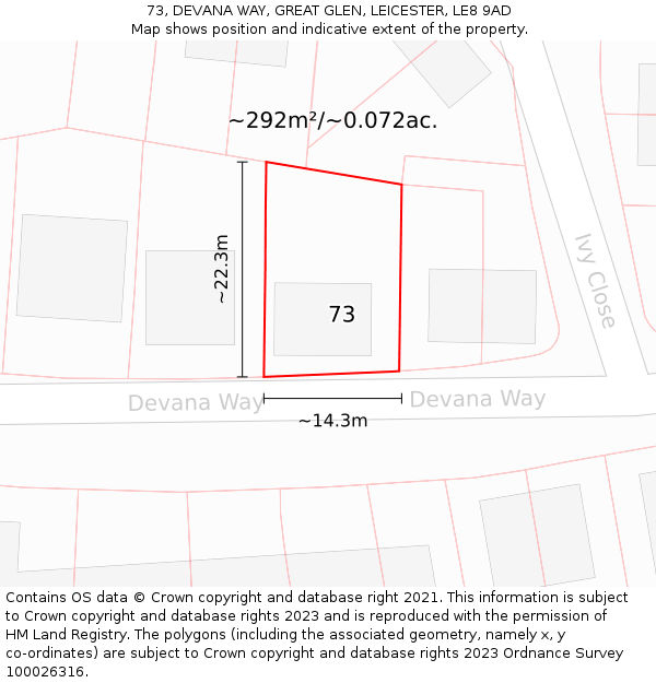 73, DEVANA WAY, GREAT GLEN, LEICESTER, LE8 9AD: Plot and title map