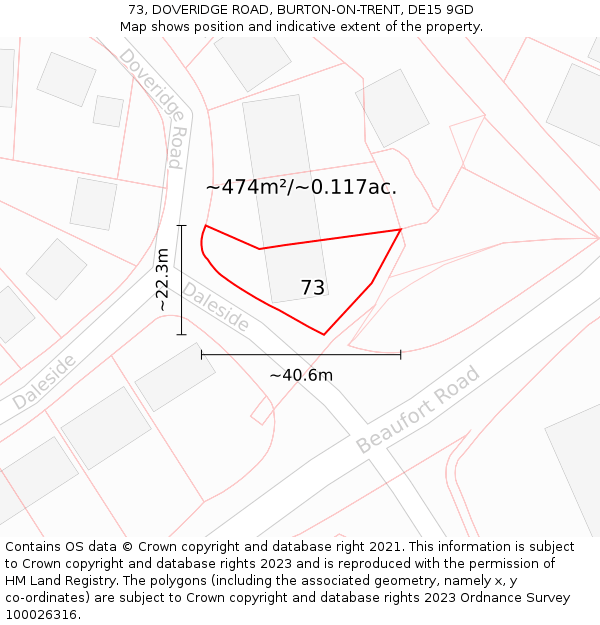 73, DOVERIDGE ROAD, BURTON-ON-TRENT, DE15 9GD: Plot and title map