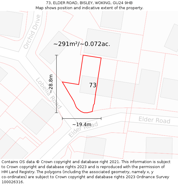 73, ELDER ROAD, BISLEY, WOKING, GU24 9HB: Plot and title map