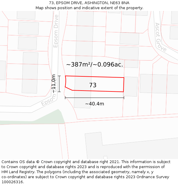 73, EPSOM DRIVE, ASHINGTON, NE63 8NA: Plot and title map