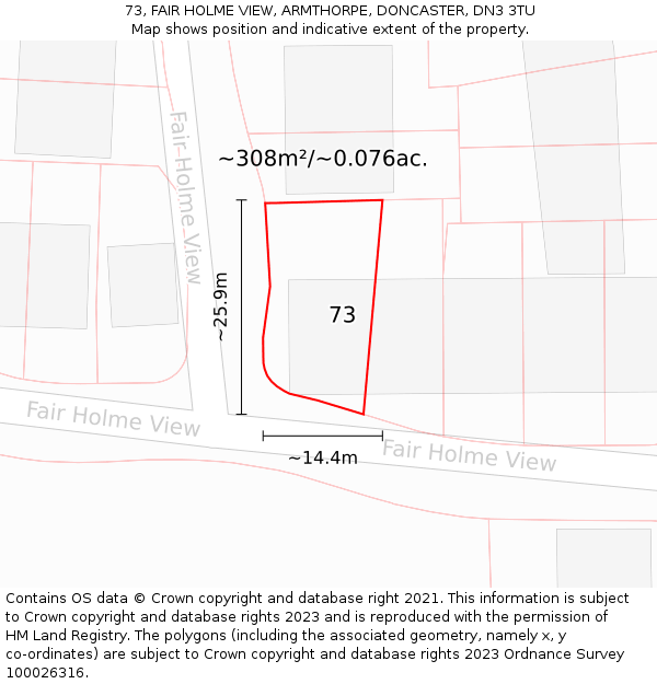 73, FAIR HOLME VIEW, ARMTHORPE, DONCASTER, DN3 3TU: Plot and title map