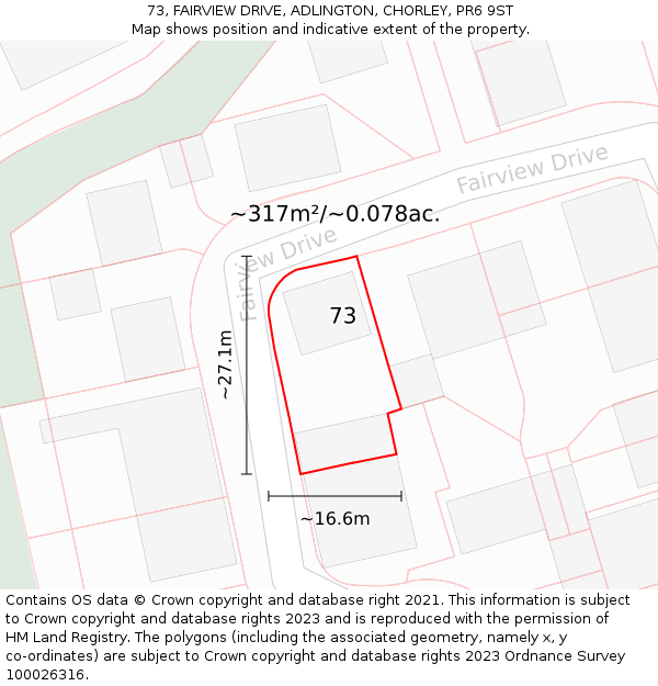 73, FAIRVIEW DRIVE, ADLINGTON, CHORLEY, PR6 9ST: Plot and title map
