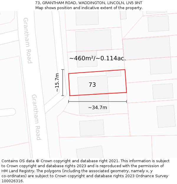 73, GRANTHAM ROAD, WADDINGTON, LINCOLN, LN5 9NT: Plot and title map