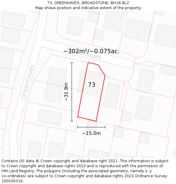73, GREENHAYES, BROADSTONE, BH18 8LZ: Plot and title map