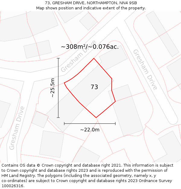 73, GRESHAM DRIVE, NORTHAMPTON, NN4 9SB: Plot and title map