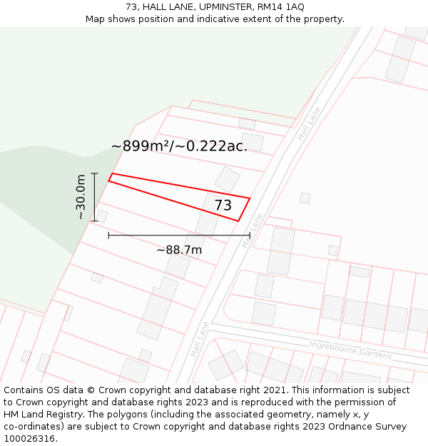 73, HALL LANE, UPMINSTER, RM14 1AQ: Plot and title map