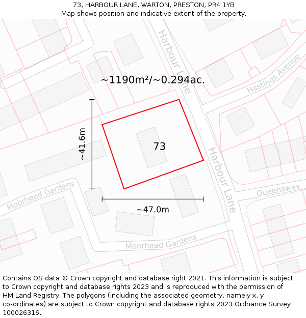 73, HARBOUR LANE, WARTON, PRESTON, PR4 1YB: Plot and title map