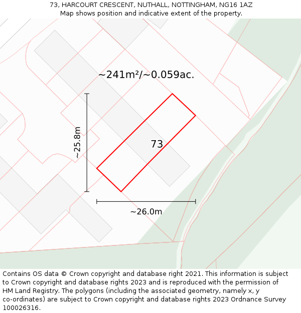 73, HARCOURT CRESCENT, NUTHALL, NOTTINGHAM, NG16 1AZ: Plot and title map