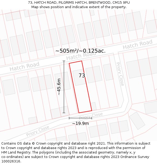 73, HATCH ROAD, PILGRIMS HATCH, BRENTWOOD, CM15 9PU: Plot and title map
