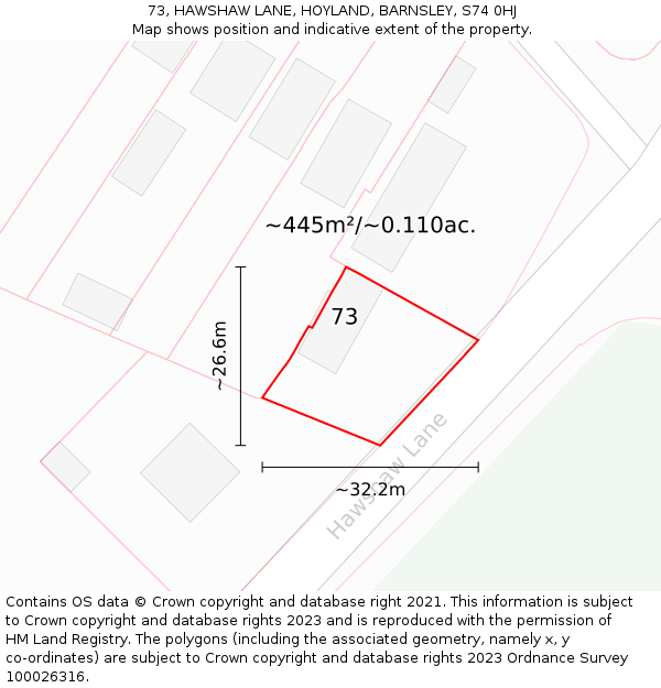 73, HAWSHAW LANE, HOYLAND, BARNSLEY, S74 0HJ: Plot and title map