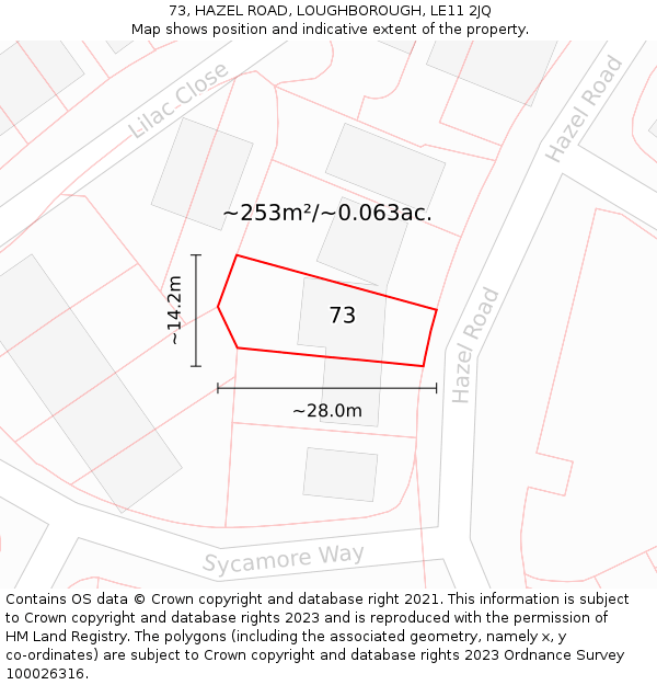 73, HAZEL ROAD, LOUGHBOROUGH, LE11 2JQ: Plot and title map