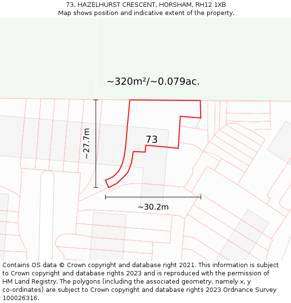 73, HAZELHURST CRESCENT, HORSHAM, RH12 1XB: Plot and title map
