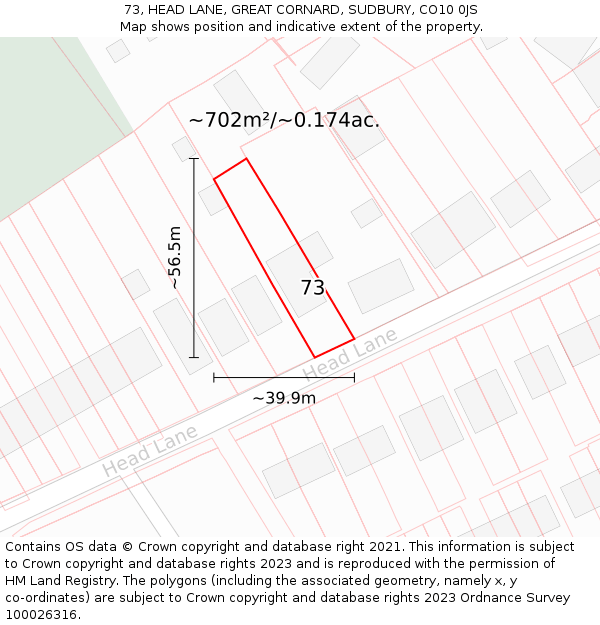 73, HEAD LANE, GREAT CORNARD, SUDBURY, CO10 0JS: Plot and title map