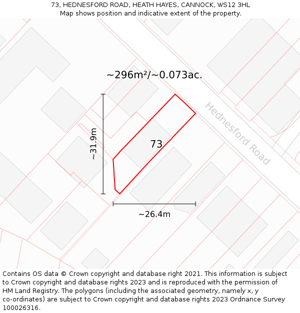 73, HEDNESFORD ROAD, HEATH HAYES, CANNOCK, WS12 3HL: Plot and title map