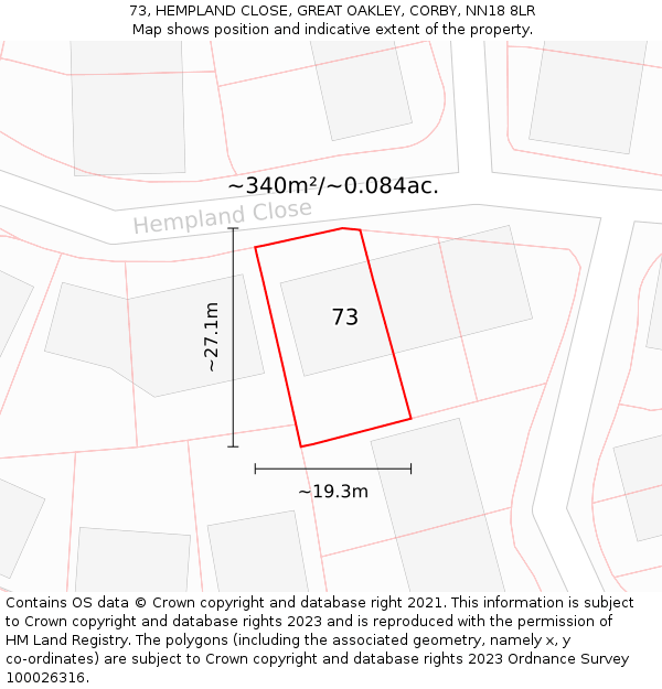 73, HEMPLAND CLOSE, GREAT OAKLEY, CORBY, NN18 8LR: Plot and title map